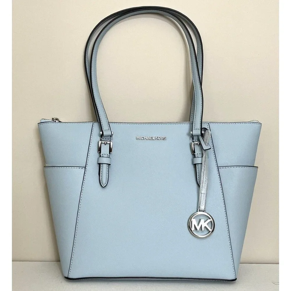 New Michael Kors Charlotte Large Shoulder Tote Saffiano Leather Vista Blue